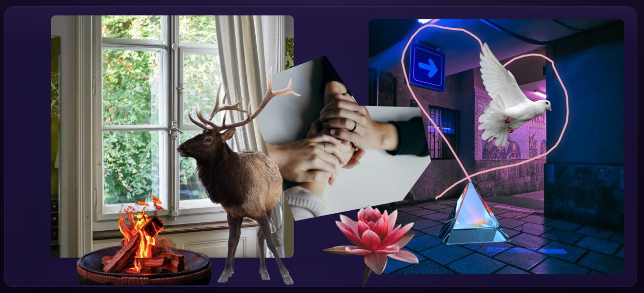 A finished Dream Tray collage: a deer standing at an open window, a fire burning in a bowl, two clasped hands, a white dove, a glass prism and a water lily, with a heart drawn over them in pink.